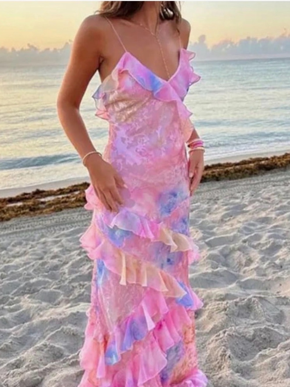 Pink Multi-Tone Ruffle Maxi Dress with Spaghetti Straps